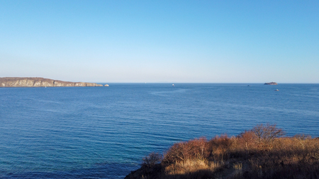 Seascape with views of the Eastern Bosphorus Bay and ships. Vladivostok, Russiaの写真素材