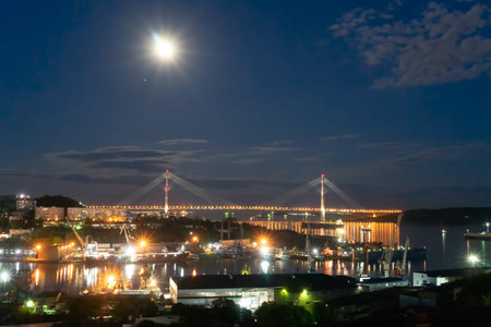 Night Vladivostok. City landscape with views of the Russian bridge.の写真素材