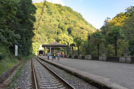 New Athos, Abkhazia-September 17, 2018: the ruins of an abandoned railway station Psyrtskhaのeditorial素材