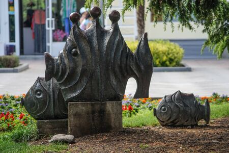 Yalta, Crimea-June 3, 2016: sculptures of fish on the street.のeditorial素材