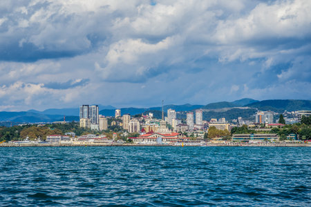 Sochi, Russia - September 25, 2016: Sea view of the resort town with beautiful buildings.