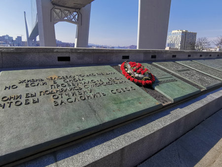 Vladivostok, Primorsky Krai - April 3, 2019: Memorial to the dead sailors at the Golden bridge.