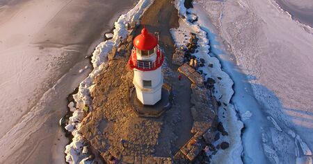 Aerial survey of marine landscape with views of the Tokarevsky lighthouse. Vladivostok, Primorsky Krai.の写真素材