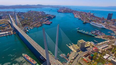 Aerial view of the panorama of the city overlooking the Golden bridge.の写真素材