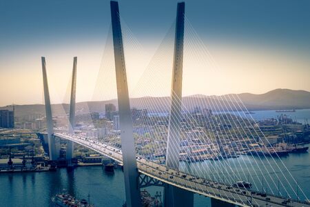 Air review of the Golden bridge. Vladivostok, Primorsky Krai.の写真素材