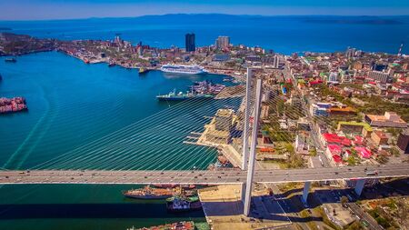 Air review of the Golden bridge. Vladivostok, Primorsky Krai.の写真素材