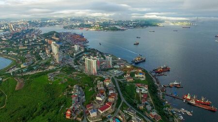 Aerial overview of the Cape egersheld. Vladivostok, Primorsky Krai.の写真素材