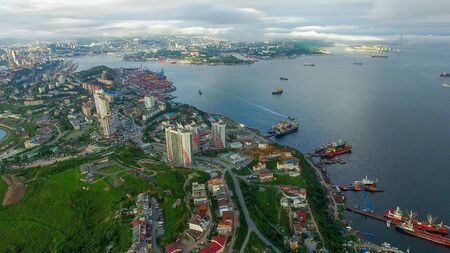 Aerial overview of the Cape egersheld. Vladivostok, Primorsky Krai.の写真素材
