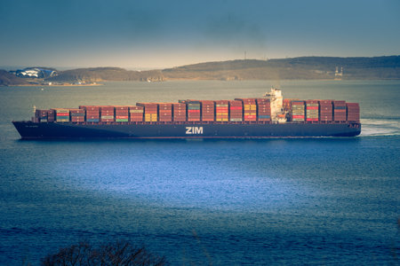 Vladivostok, Primorsky Krai - April 27, 2019: Seascape with a large container ship.
