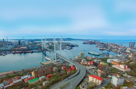Aerial view of the panorama of Vladivostok overlooking the Golden bridge.の写真素材