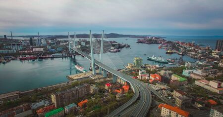 Aerial view of the panorama of Vladivostok overlooking the Golden bridge.の写真素材