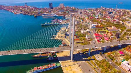 Aerial view of the panorama of Vladivostok overlooking the Golden bridge.の写真素材