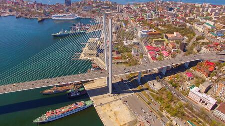 Aerial view of the panorama of Vladivostok overlooking the Golden bridge.の写真素材