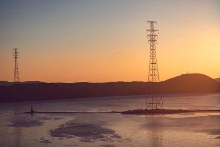 Seascape with a beautiful sunset over the Tokarev lighthouse. Vladivostok, Russiaの写真素材