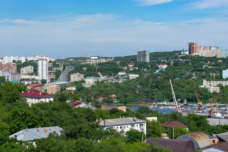 Vladivostok, Primorsky Krai - June 17, 2019: Panorama of the city landscape with buildings.