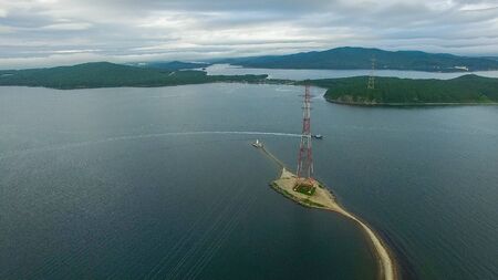 Air the Bay of Vladivostok with the Tokarevsky lighthouse. Sightseeing and tourism.の写真素材