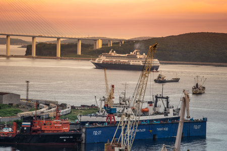 Vladivostok, Primorsky region - August 8, 2019: Sea landscape with a view of the Russian ships and...