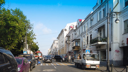 Urban landscape with beautiful old buildings of Vladivostok, Russia.のeditorial素材