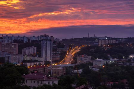 Vladivostok, Primorsky Krai - August 15, 2019: City landscape with beautiful sunrise.のeditorial素材