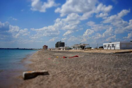 Evpatoria, Crimea. Beautiful Sunny beach with white gazebos.の写真素材