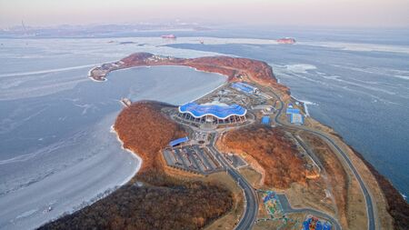Vladivostok, Russia-February 9, 2019: Air review of the Primorsky aquarium on the Russian island.のeditorial素材