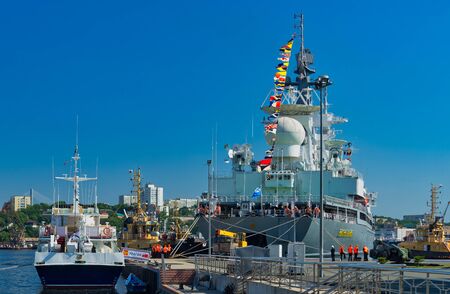 Vladivostok, Russia-July 28, 2018: seascape with water transport against the blue sky.のeditorial素材