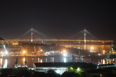 Vladivostok, Primorsky Krai - August 1, 2019: Night landscape of Diomid Bay with a view of the Russian bridge.のeditorial素材