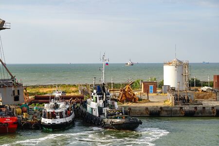 Port Caucasus, Russia-June 11, 2015: Seascape with coastline and ships.のeditorial素材