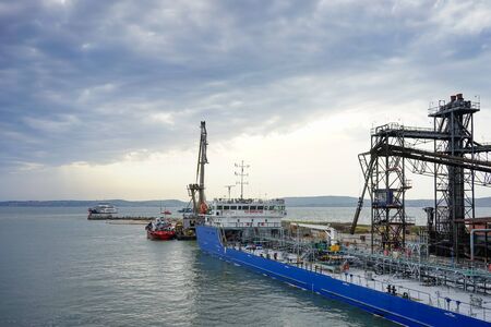 Port Caucasus, Russia-June 11, 2015: Seascape with coastline and ships.のeditorial素材