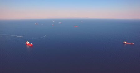 Aerial view of the seascape with red ships.の写真素材