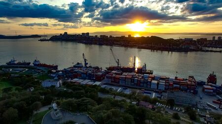 Vladivostok, Russia. Aerial view of the cityscape at sunset.のeditorial素材