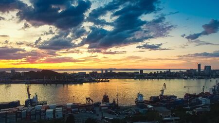 Aerial view of the cityscape at sunset.のeditorial素材