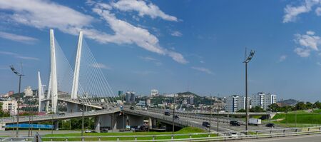Panorama of the cityscape overlooking the Golden bridge. Vladivostok, Russiaのeditorial素材