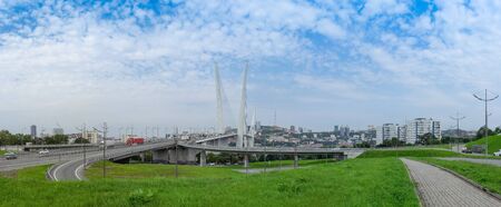 Vladivostok, Primorsky Krai-September 3, 2019: Panorama of the urban landscape overlooking the Golden bridge and highway.のeditorial素材