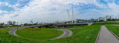 Vladivostok, Primorsky Krai-September 3, 2019: Panorama of the urban landscape overlooking the Golden bridge and highway.のeditorial素材