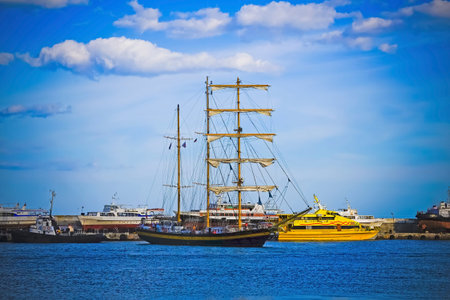 Yalta, Crimea-jun12, 2014: Seascape overlooking the city embankment and ships.のeditorial素材