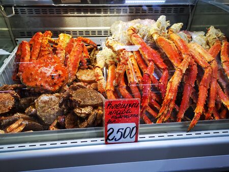 Vladivostok, Primorsky Krai-September 21, 2019: Seafood in the Windows of the city market.のeditorial素材