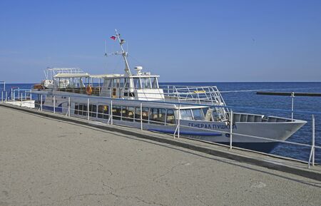 Alushta, Crimea-June 16, 2014: seascape with berth for ships.のeditorial素材