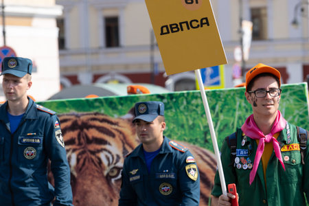 Vladivostok, Primorsky Krai-September 29, 2019: City square with people and cars during Tiger Day...