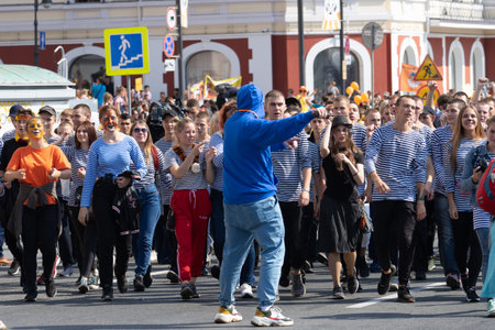 Vladivostok, Primorsky Krai-September 29, 2019: City square with people and cars during Tiger Day...