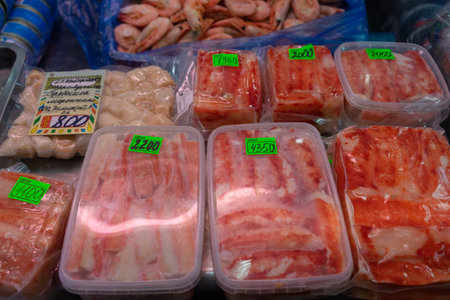 Petropavlovsk-Kamchatsky, Russia-October 6, 2019: Crabs and shrimps in the seafood market showcase.のeditorial素材