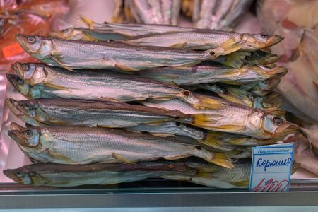 Petropavlovsk-Kamchatsky, Russia-October 6, 2019: Dried and smoked fish in the seafood market showcase.のeditorial素材