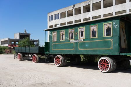 Sevastopol, Crimea-may 31, 2018: Old car on the background of an abandoned landscape.のeditorial素材
