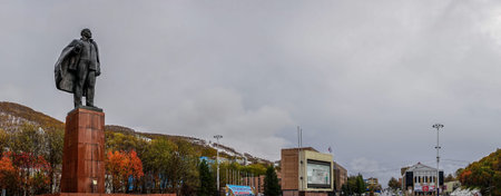 Petropavlovsk-Kamchatsky, Russia-October 6, 2019: Panorama of the Central square of the city with...