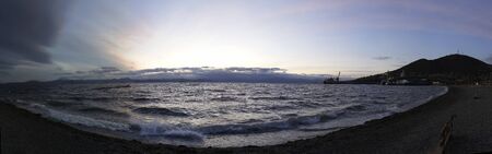 Panorama of the sea landscape in the evening on the waterfront of the city. Petropavlovsk-Kamchatsky, Russia.の写真素材