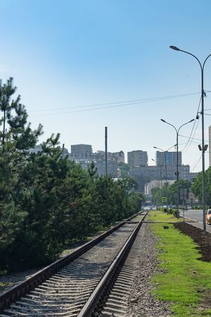 Vladivostok, Russia. City skyline with the railway on the street.の写真素材