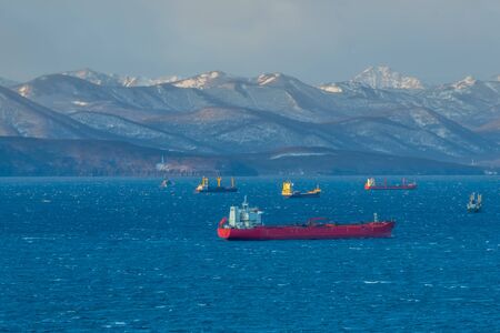 Marine landscape with views of the Avacha Bay with the ships. Petropavlovsk-Kamchatsky, Russiaの写真素材
