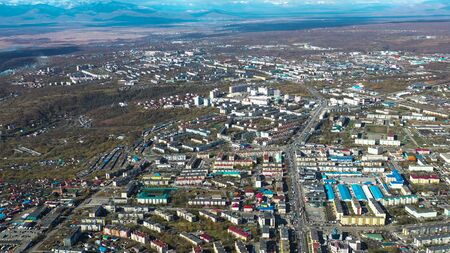 Aerial view of the urban landscape of Petropavlovsk-Kamchatsky, Russia.の写真素材