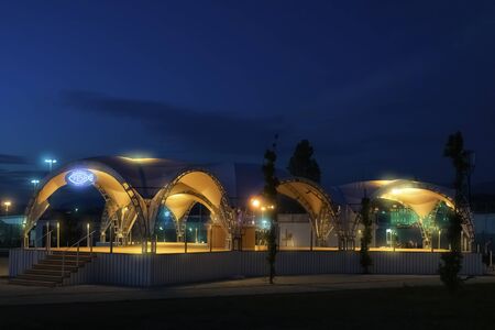 Sochi, Krasnodar Krai-June 9, 2018: Summer cafe on the embankment of Imereti beach at nightのeditorial素材