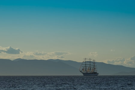 Vintage white sailboat on the background of the seascape. Vladivostok, Russia